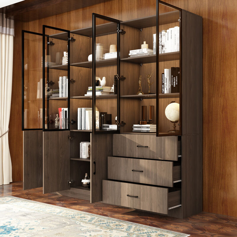 78.7&rdquo;W Display Cabinet Curio Cabinet with Light & Pop-up Glass Doors, Storage Cabinet Bookcase with 5-Tier Shelves & 3 Drawers for Living Room/Home Office, Dark Brown (78.7&rdquo;W x 15.7&rdquo;D x 78.7&rdquo;H)