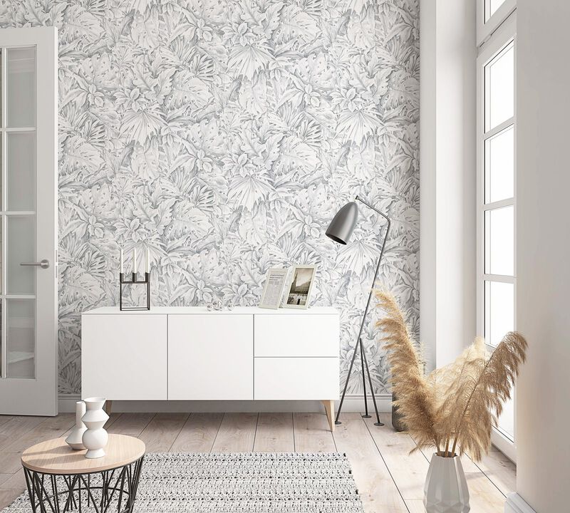 Eden Jungle Leaves Silver Grey Wallpaper EN3330814
