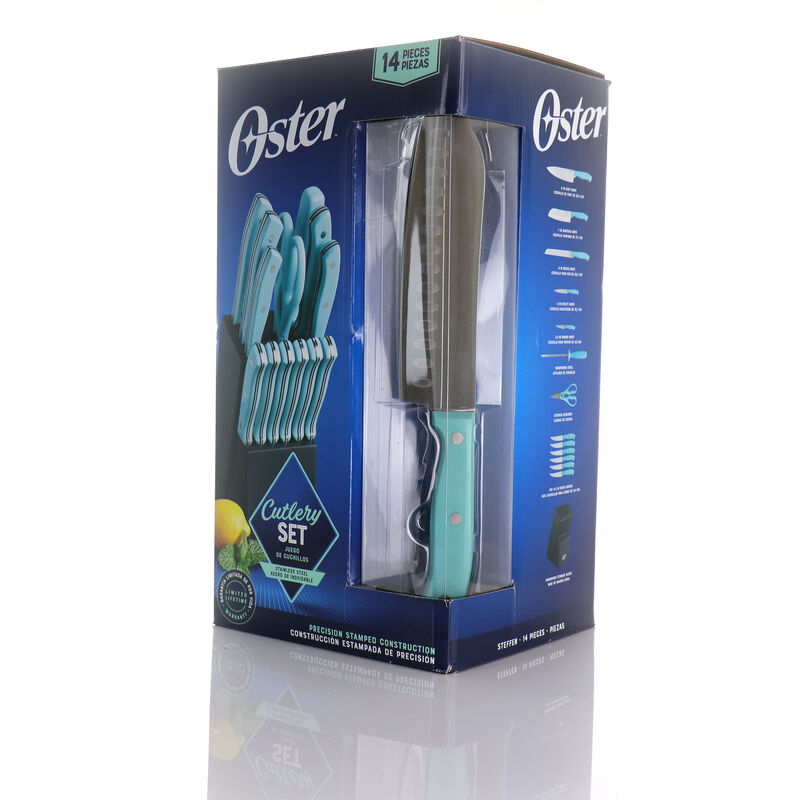 Oster Steffen 14 Piece Stainless Steel Cutlery Set with Storage Block in Blue