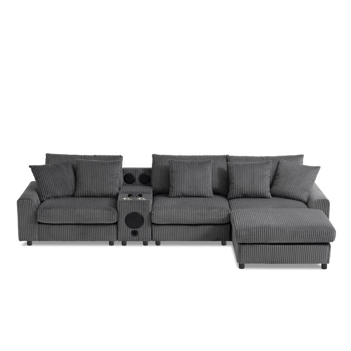 Whisen Corduroy Sectional Sofa with Bluetooth Speakers,Built-in Charging Console,Storage Ottoman,and Wide Seat Cloud Couch