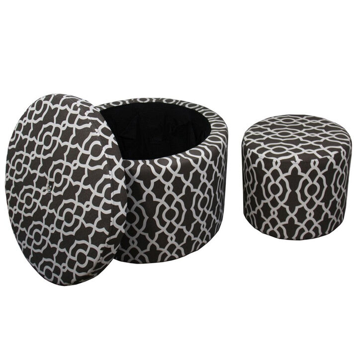 Homezia 23" Black And White Polyester Blend Round Geometric Footstool Ottoman