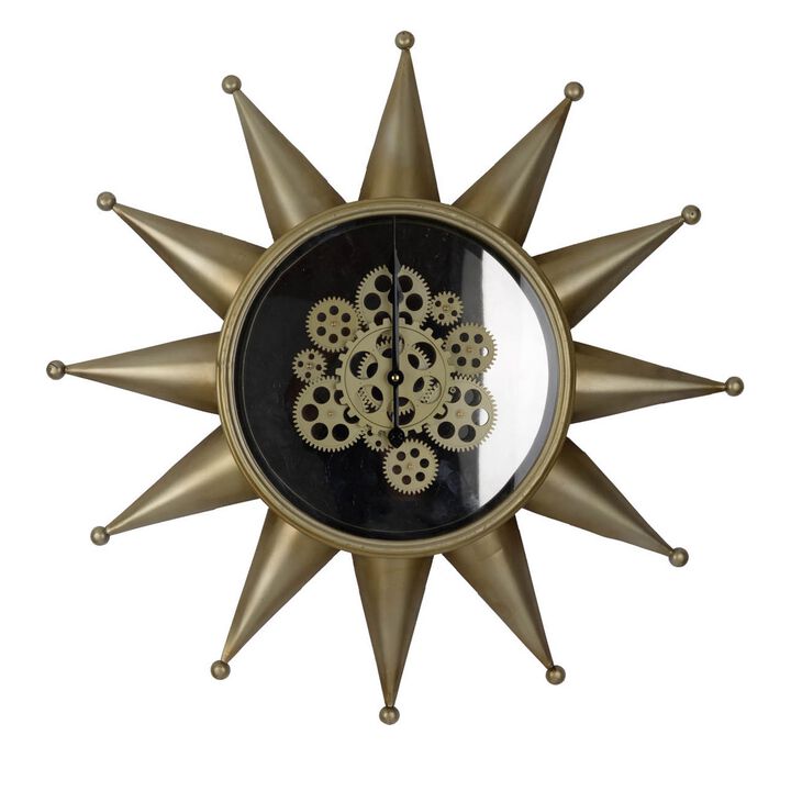 28 Inch Hanging Wall Clock, Sunlike Star Gear Design, Iron, Gold and Black - Benzara