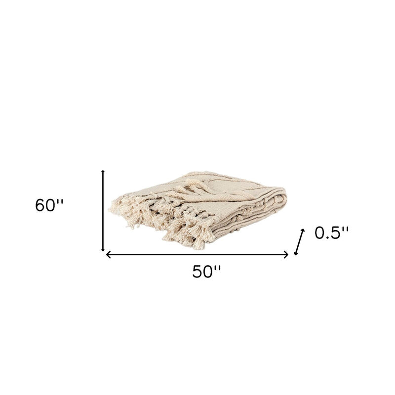 HomeRoots 50" X 60" Natural Cotton Woven Floral Throw Blanket with Tassels and Fringe image number 4