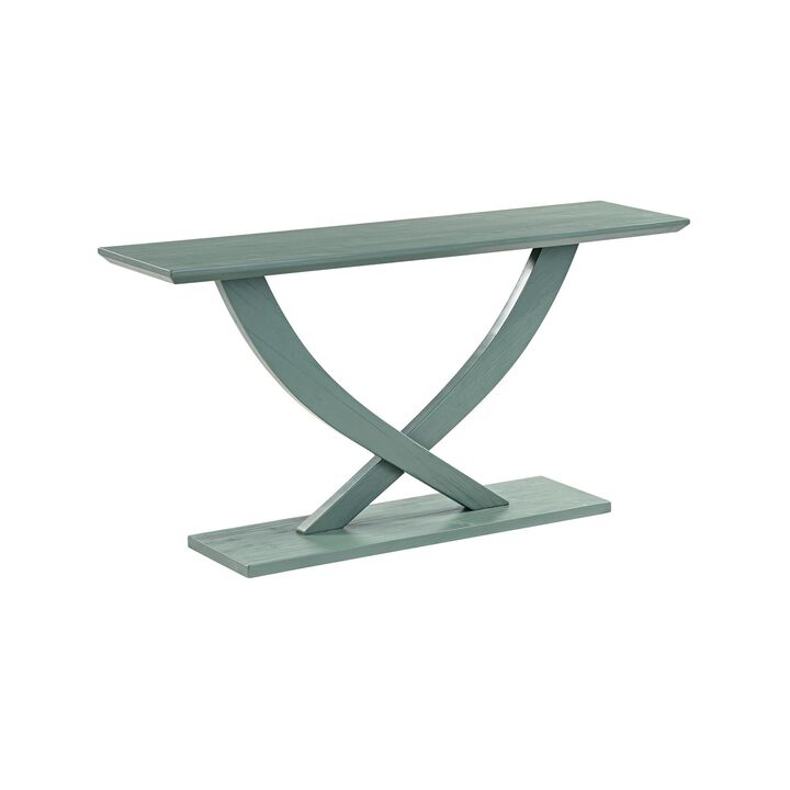 Rase 57 Inch Console Table, Cross Leg Design, Pedestal Base, Gray Green