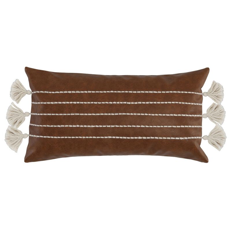 Karen 14 x 26 Lumbar Throw Pillow, Tassels, Dark Brown with White Stripes - Benzara