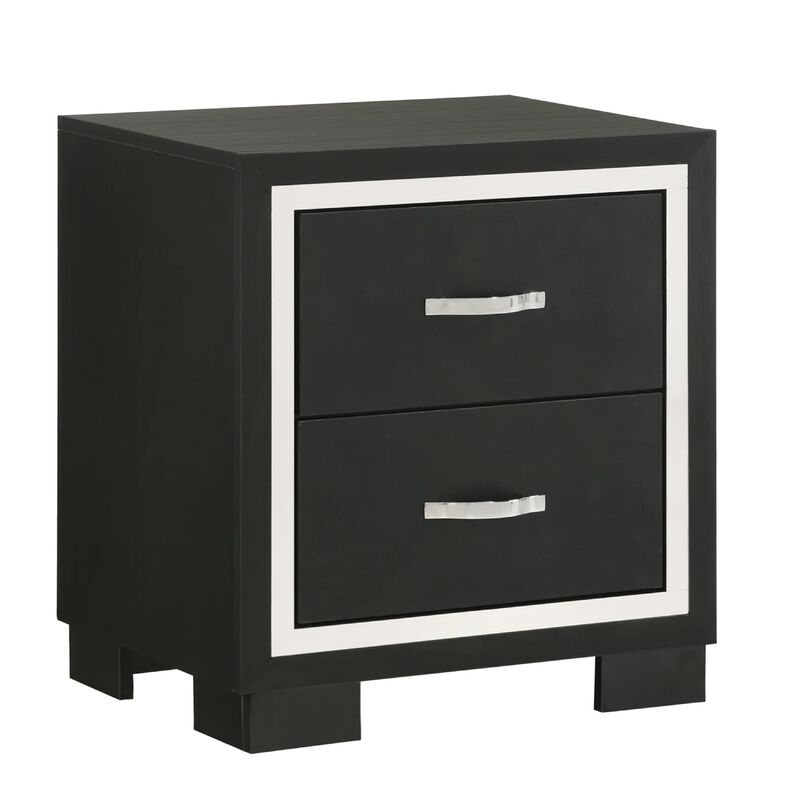 Geny Nightstand, 2 Drawers, Silver Trim and Metal Handles, Black Wood image number 0