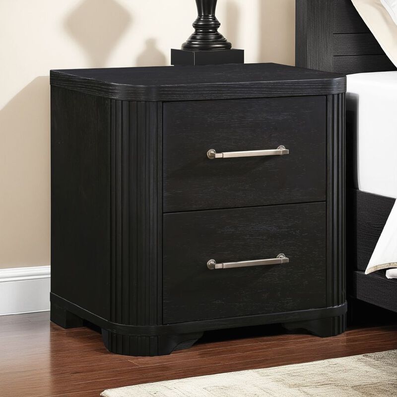 Chas Nightstand, 2 Drawers Brass Bar Handles, Charcoal Black Wood - Benzara