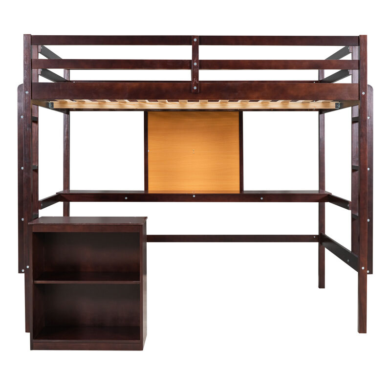 Full size Loft Bed with Desk and Writing Board, Wooden Loft Bed with Desk & 2 Drawers Cabinet- Espresso