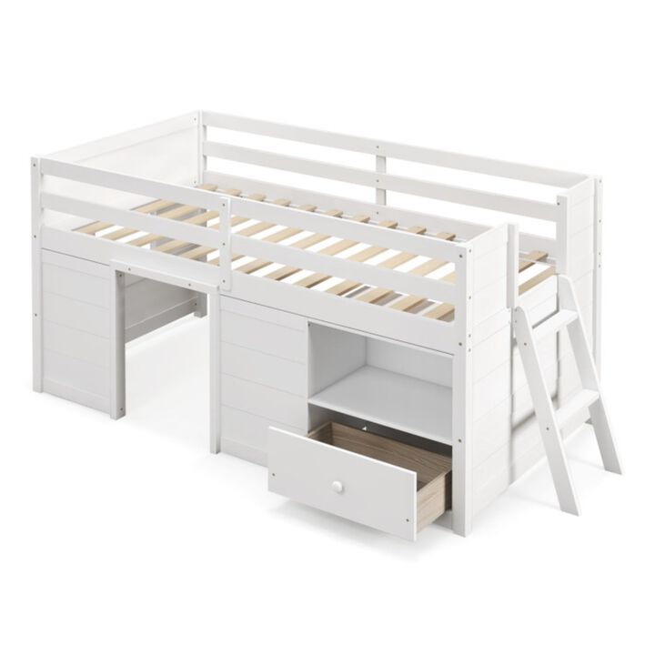 Twin Size Solid Wood Low Loft Bed with Storage and Drawer