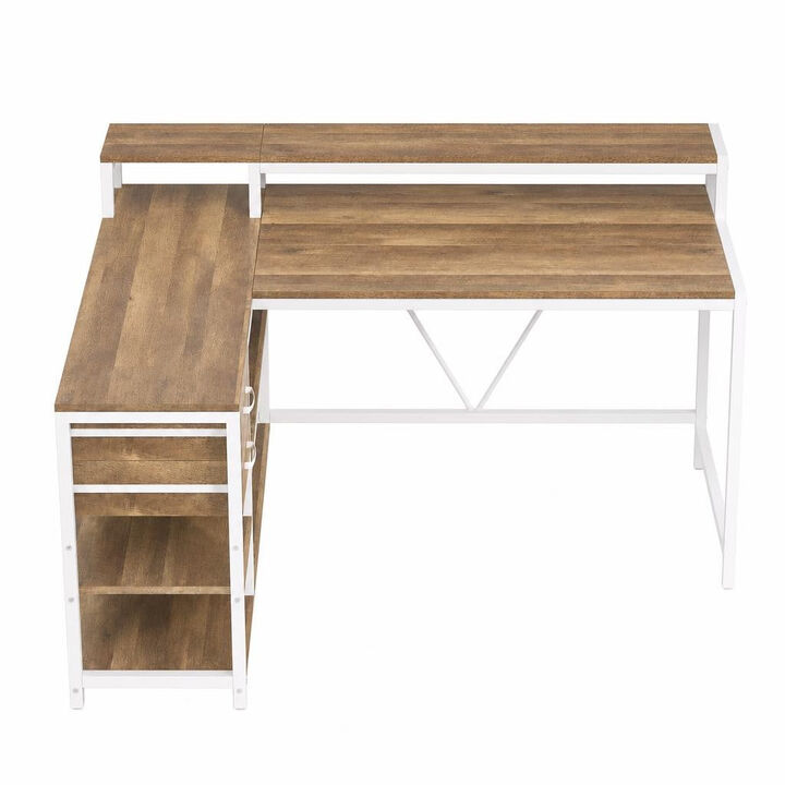 Tribesigns L Shaped Computer Desk, Reversible Corner Desk with Drawer Cabinet, Home Office Desk with 3 Drawers and 2 Shelves, L Shaped Office Desk with Storage and Metal Legs, White