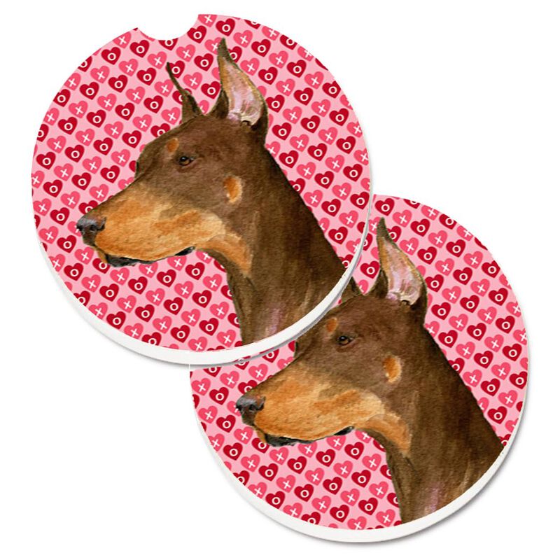 Caroline's Treasures Doberman Hearts Love & Valentine's Day Portrait Set of 2 Cup Holder Car Coasters SS4468CARC, 2.56, Multicolor image number 0