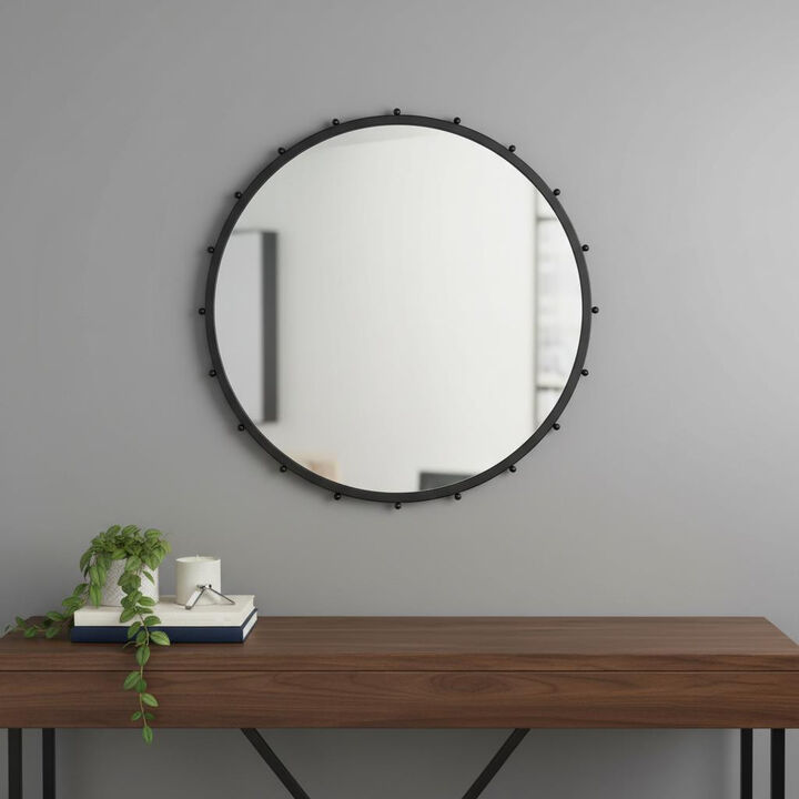 HomeRoots 44" Black Metal Round Beaded Framed Accent Mirror