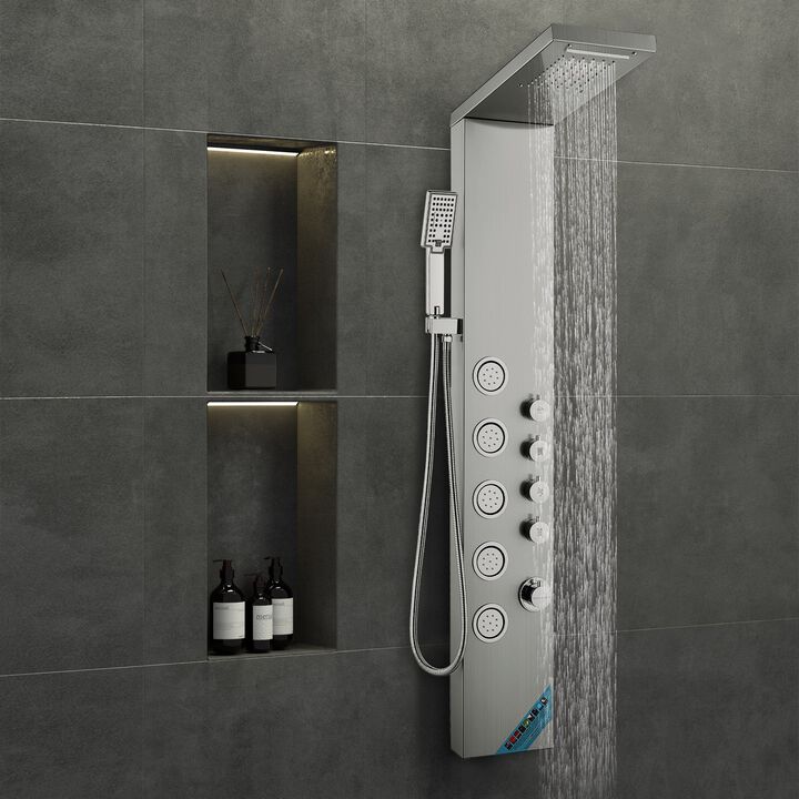 Shower Panel System with 4 Modes, 5 Full Body Jets, Handheld Shower and Hose-Silver