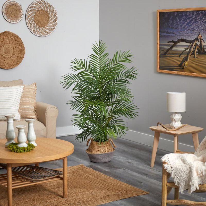 Hivvago 4 Feet Areca Artificial Palm Branches in Boho Chic Handmade Cotton & Jute Gray Woven Planter