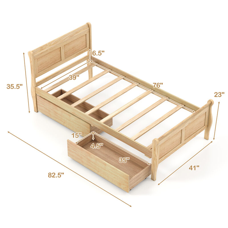 Twin Wooden Sleigh Platform Bed with 2 Under-Bed Storage Drawers image number 2