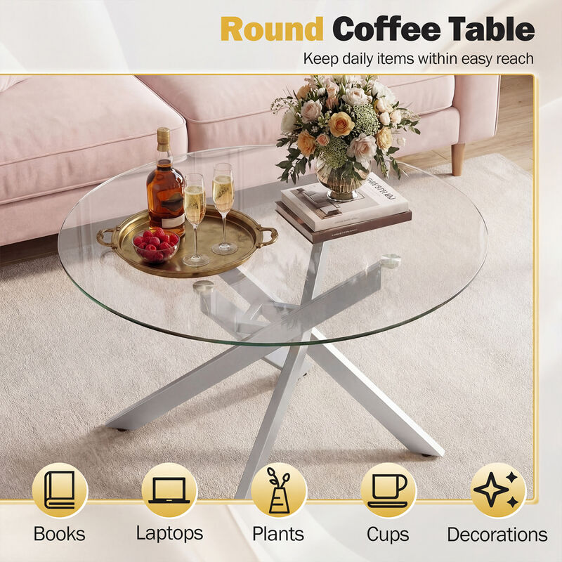 Circular Glass Coffee Table with Tempered Glass Top for Home Office Living Room image number 6