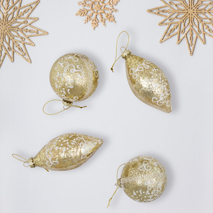 Glittered Christmas Ball and Finial Glass Ornaments - 5" - Gold - 4ct