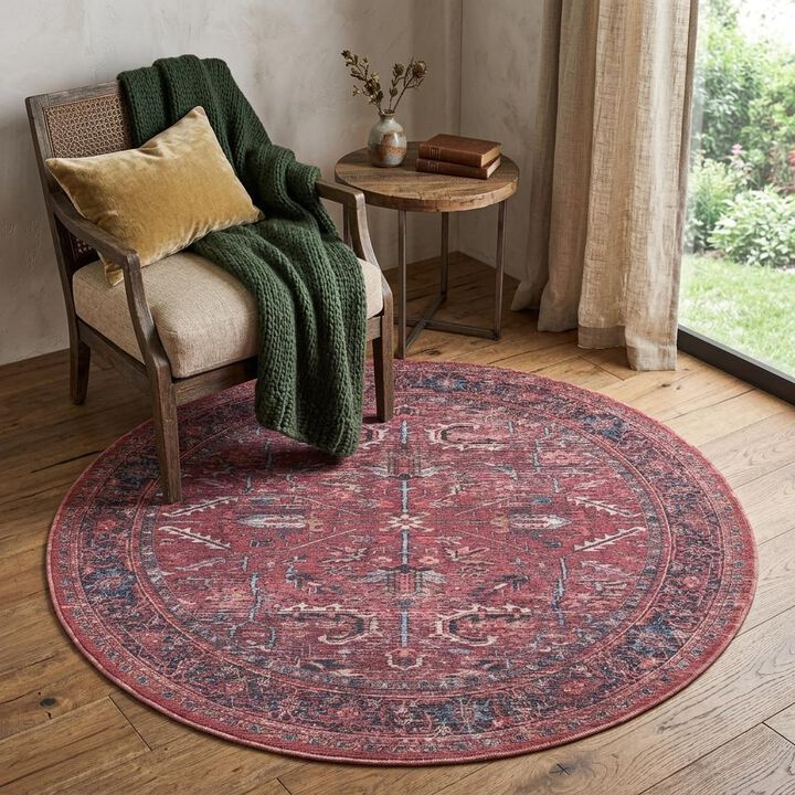 HomeRoots Round Floral Power Loom Distressed Area Rug