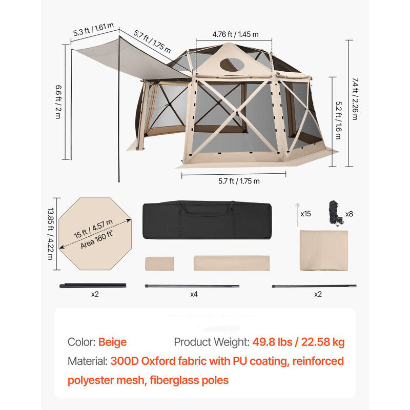 Pop Up Screen Tent for 12-15 People with Removable Top and Carry Bag-Beige image number 2