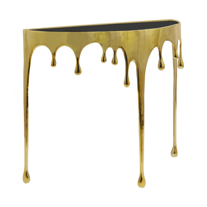 Capri Sofa Console Table | 36.25" Half Moon Glass Top | Melting Drip Design | Aluminum Cast | Antique Gold