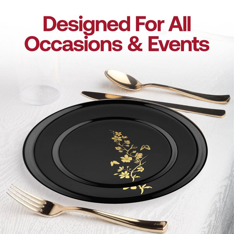 6.25" Black with Gold Floral Round Plastic Pastry Plates (120 Plates) image number 5
