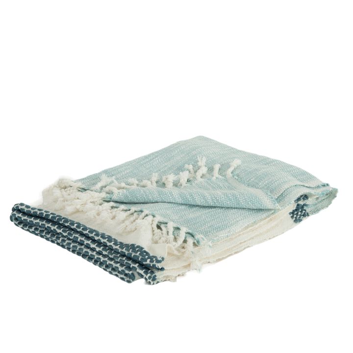 HomeRoots 50" X 60" Blue Cotton Woven Color Block Throw Blanket with Fringe