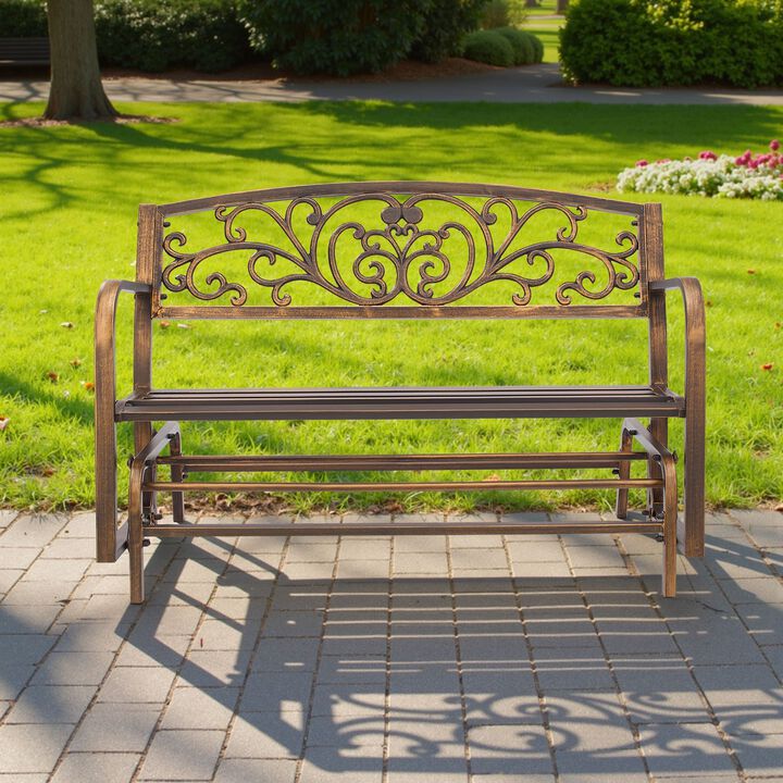 Antique Bronze Outdoor Glider Bench, Metal Frame with Backrest & Armrests