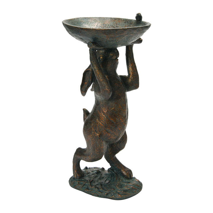 Decorative Resin Rabbit Bird Bath, Green Patina Finish