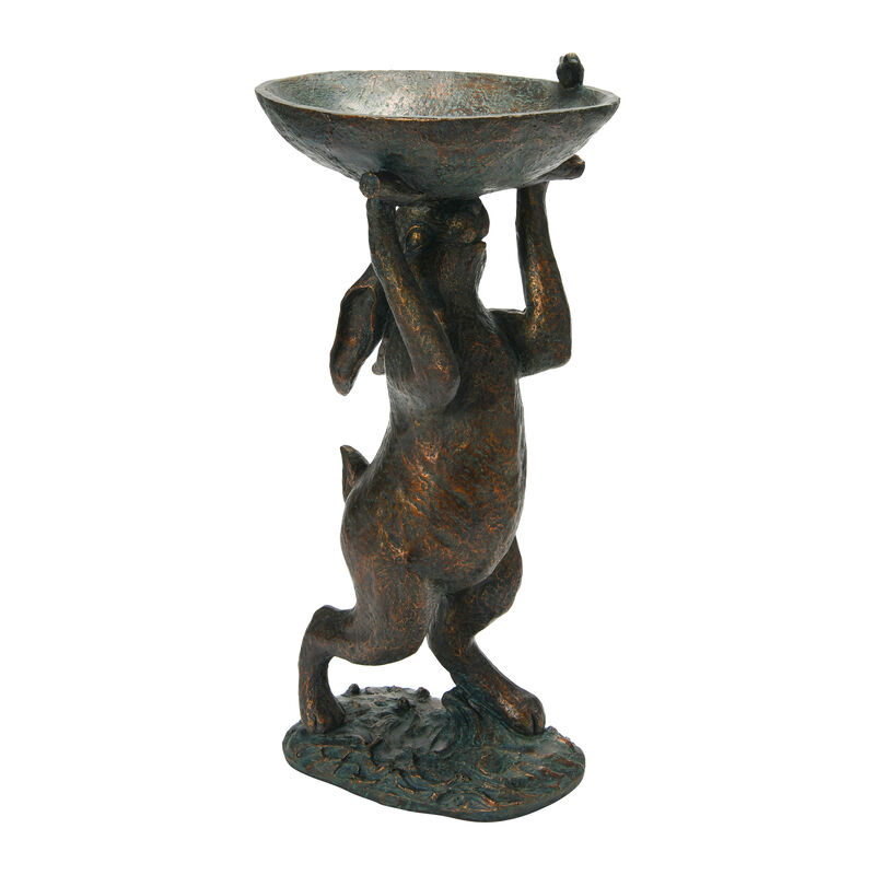 Decorative Resin Rabbit Bird Bath, Green Patina Finish image number 0