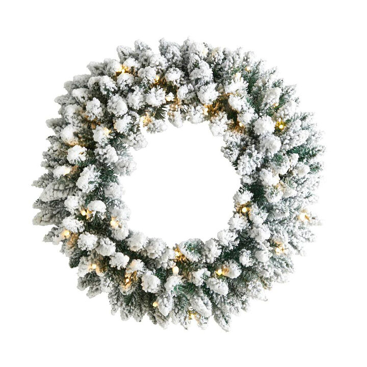 Nearly Natural 24-in Flocked Artificial Christmas Wreath with 160 Bendable Branches and 35 Warm White LED Lights