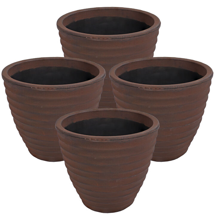 Sunnydaze 13 in Ribbed Polyresin Outdoor Planter - Rust - Set of 4