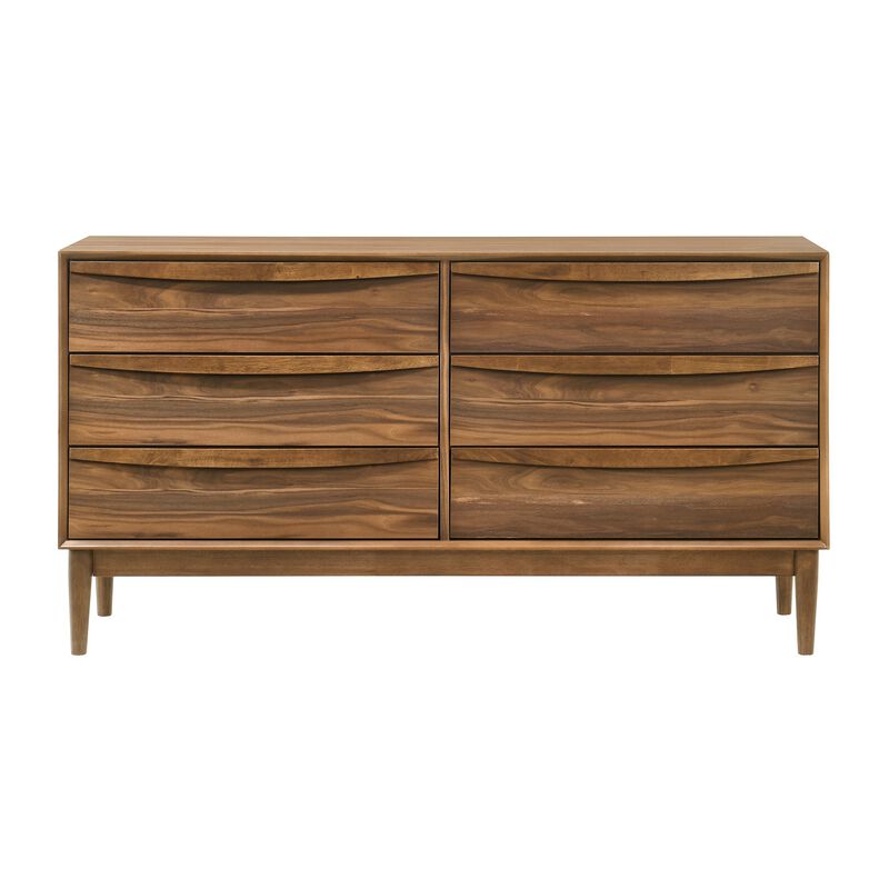 Mian 55 Inch Wide Dresser, 6 Drawer, Linear Undercut Handle, Walnut