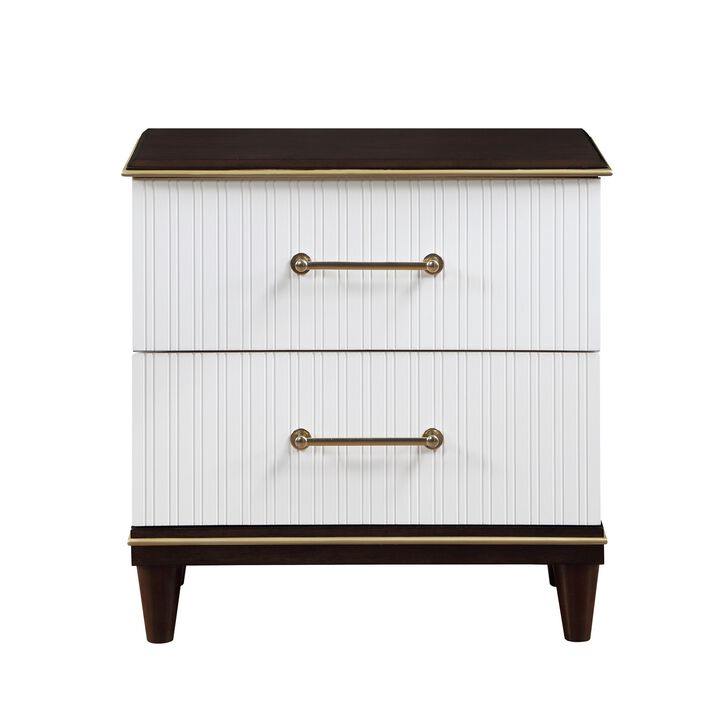 Shim 29 Inch Nightstand with 2 Drawers, Gold, White, and Cherry Brown Wood - Benzara