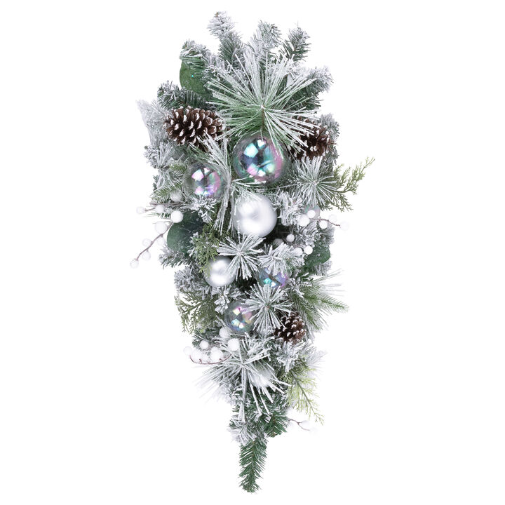 30" Flocked Pine Artificial Christmas Teardrop Swag with Iridescent Ornaments - Unlit