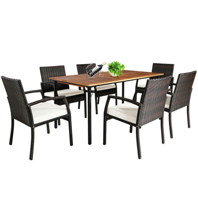 Mondawe 7-Pcs Outdoor Dining Set,With PE Rattan Chairs & Acacia Wood Table,Built-In Umbrella Hole
