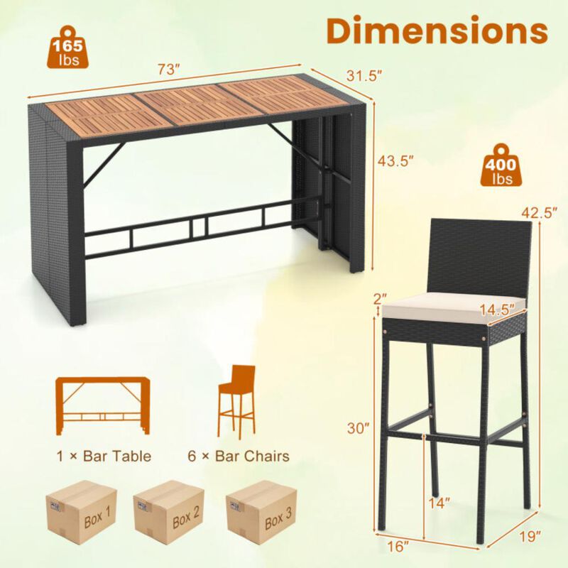 Hivvago 7 Pieces Patio Rattan Bar Set with Seat Cushions for Porch Yard Garden