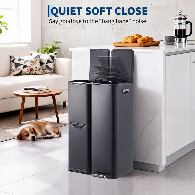 16 Gallon Triple Compartment Stainless Steel Trash Bin, Foot Pedal, Soft Close Lid, Removable Buckets, Large Capacity for Kitchen Office Bathroom image number 6