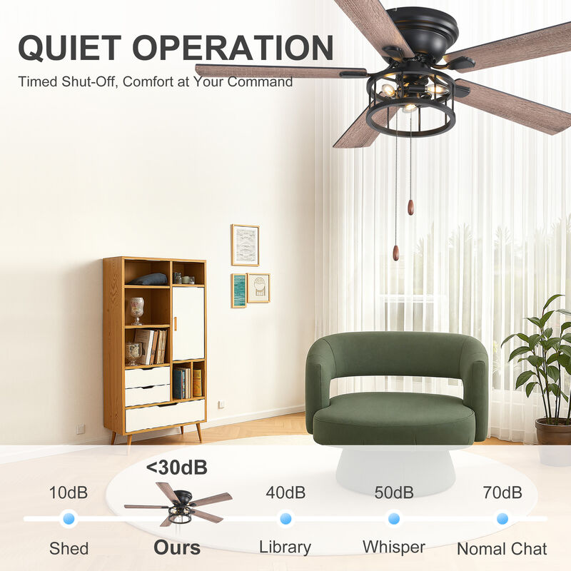 Breezary 52-inch Flush Mount Matte Black Industrial Ceiling Fan with Pull Chain(5-blade) image number 2