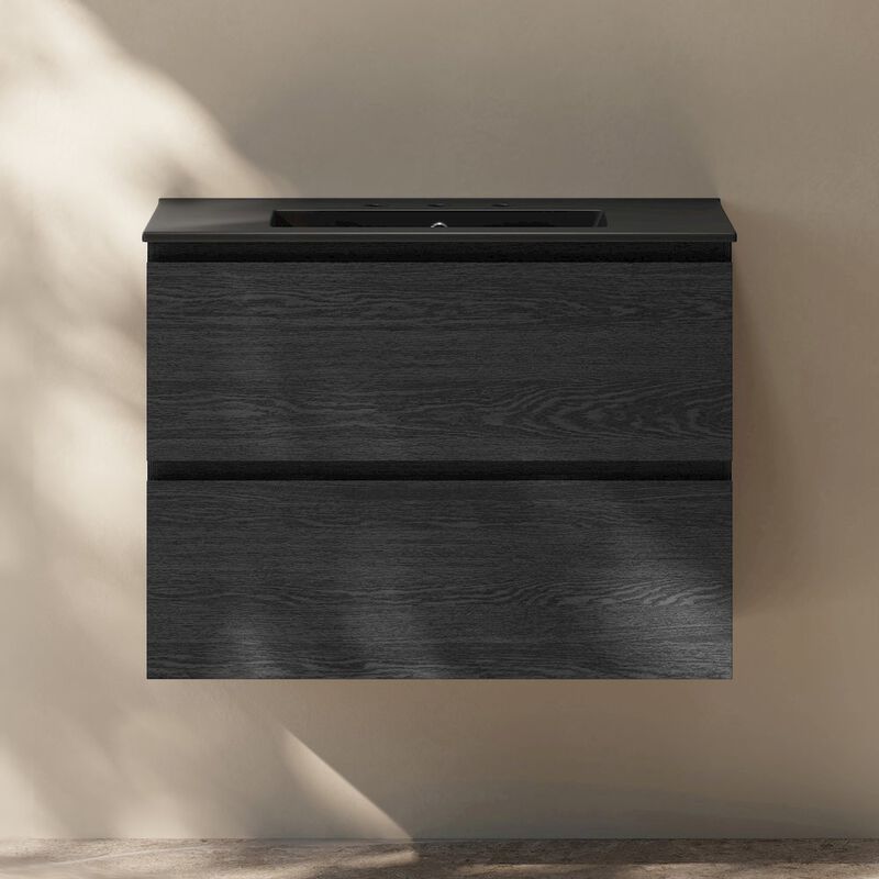 30" Wall-Mounted Bathroom Vanity in Black Oak, Black 3-Hole Widespread Sink Top image number 1
