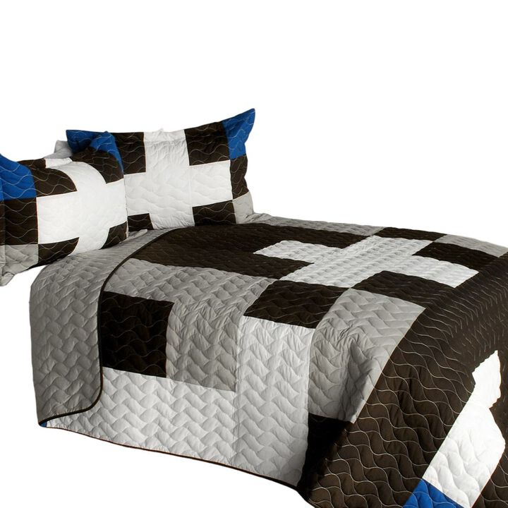 Geometric Patchwork Quilt Set Queen Size with Vermicelli Quilted Design-Grey