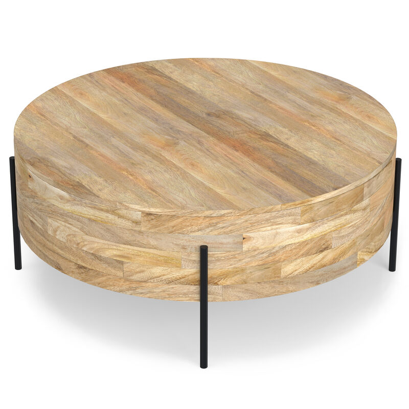 Rayburn SOLID MANGO WOOD 38 inch Wide Round Modern Industrial Drum Coffee Table in Natural