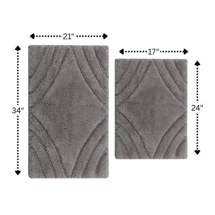 Knightsbridge Diamond 220 GSF Non Skid Back Bath Rug Set - 2- Piece - 17x24 and 21x34", Silver