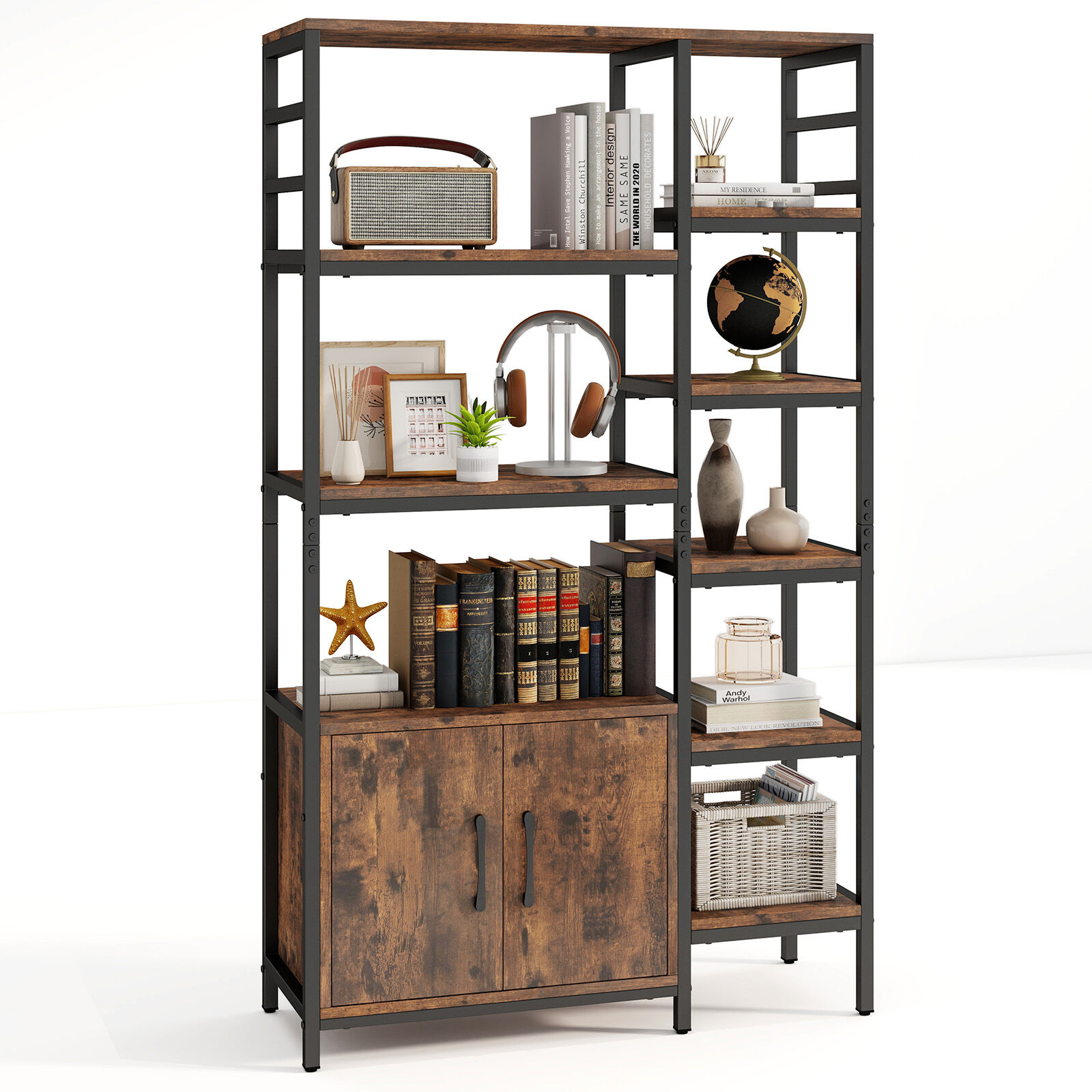 Double Wide 8-Tier Open Shelf Bookcase with Enclosed Cabinet
