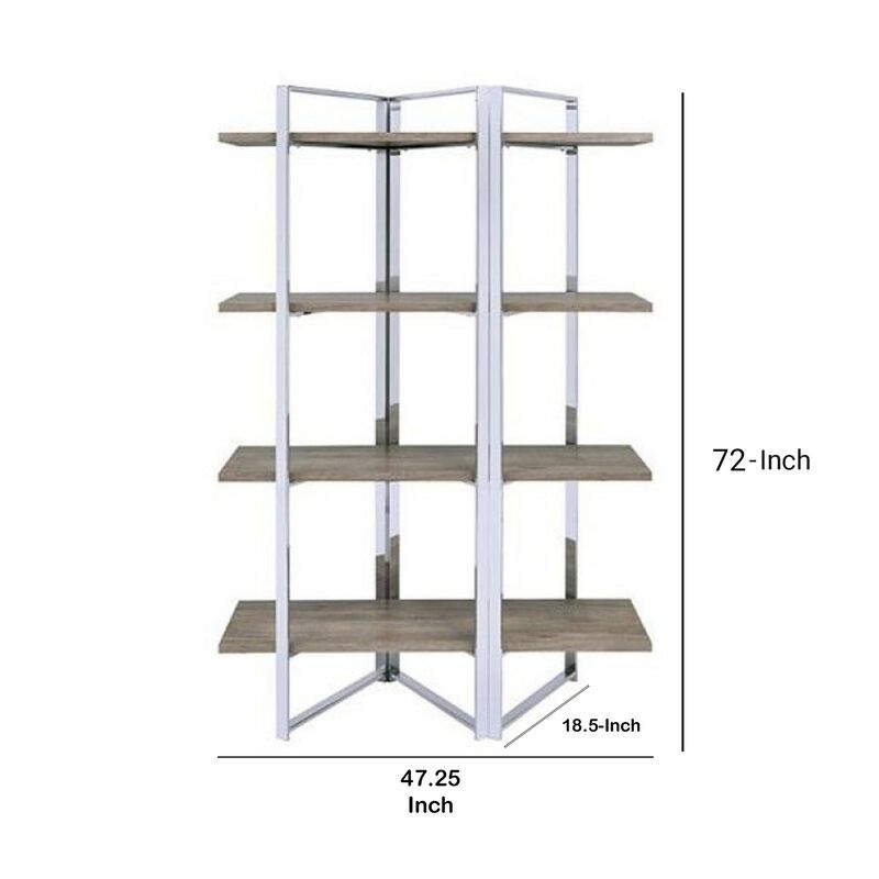 Geometric Metal Framed Bookshelf with Four Open Wooden Shelves, Brown and Silver