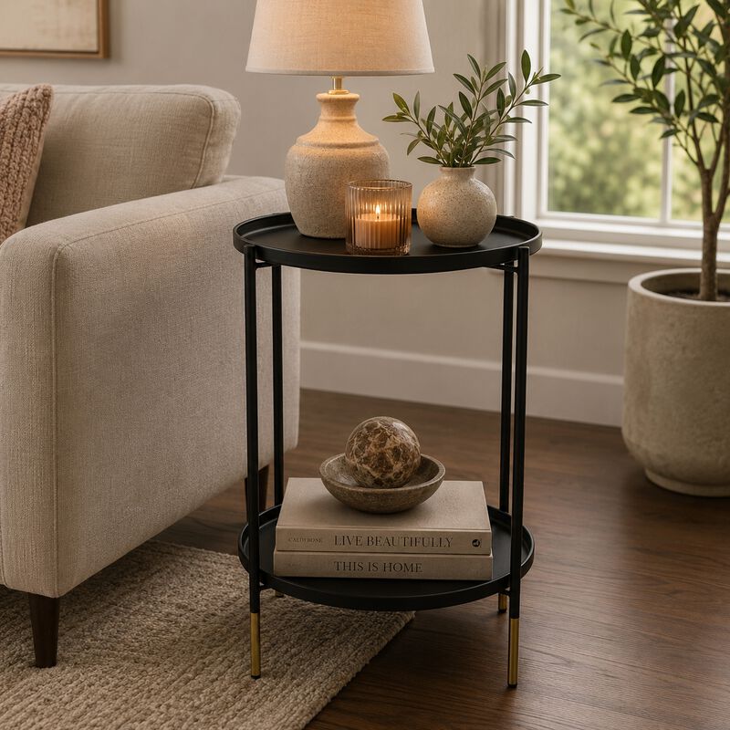Addy Two-Tier Round Side Table with Tray Shelves Accent, Black Metal 24 Inch image number 8