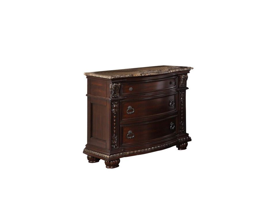 European Style Nightstand with 3 Drawers and Marble Top, Dark Cherry Brown - Benzara