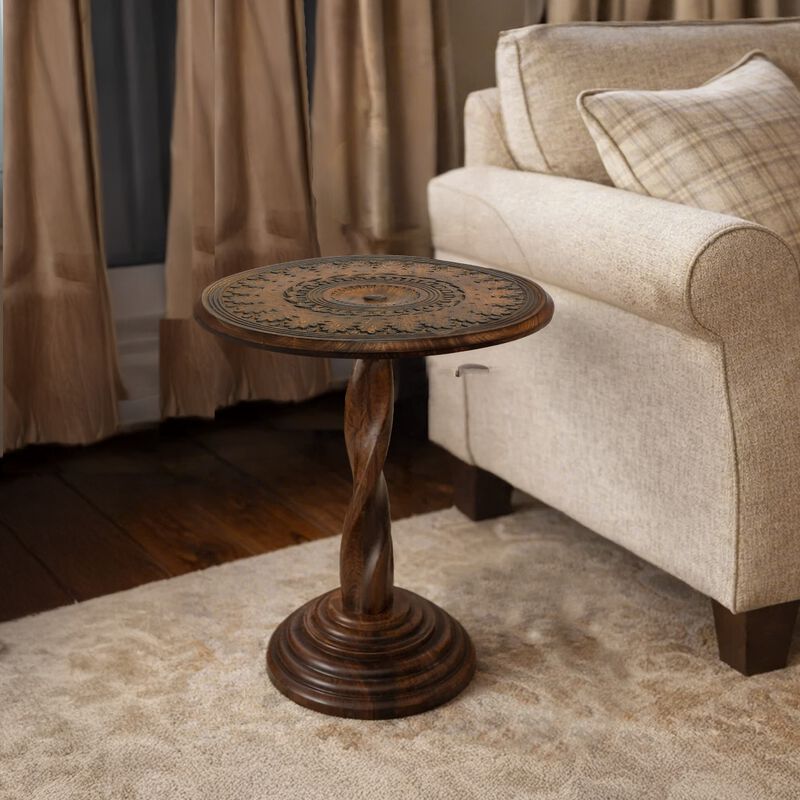 Jem 22 Inch Side End Table, Round Top, Hand Carved Boho Mandala Design with Twisted Base, Brown Mango Wood image number 8