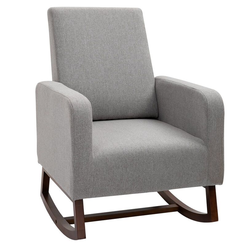 Gray Linen Lounger: Accent Rocking Chair with Solid Wood Base