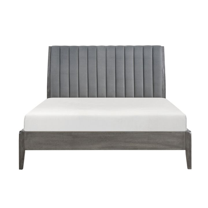 Ryla King Size Platform Bed, Gray Tufted Velvet Upholstered Panel Headboard