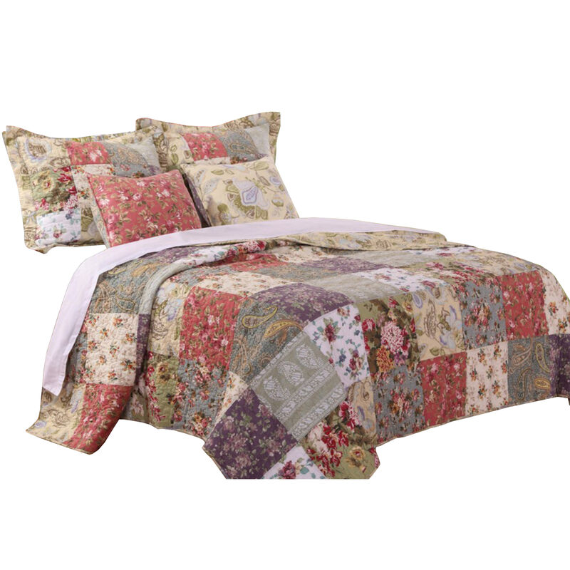 Chicago 5 Piece Fabric Queen Size Quilt Set with Jacobean Prints,Multicolor - Benzara
